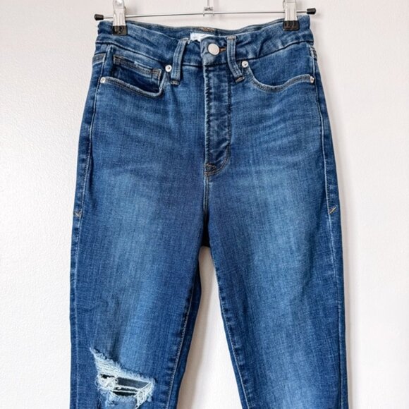 Good American Good Waist Dark Wash High Rise Distressed Skinny Jean Size 4/27 - Picture 3 of 7